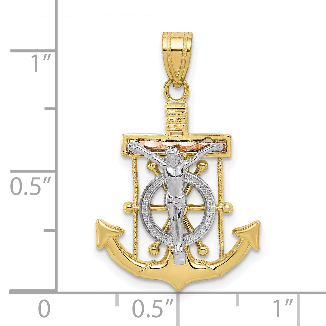 10K Tri Color Tri-Color Diamond-Cut W/Textured Mariner'S Cross Pendant
