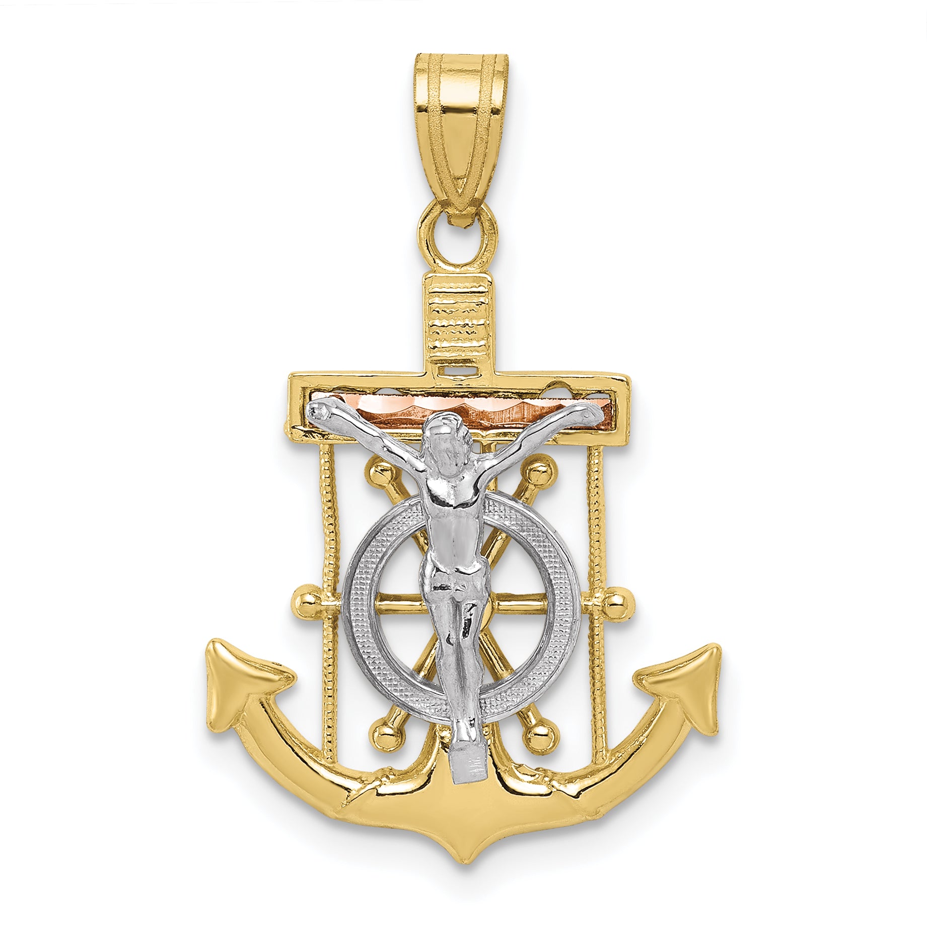 10K Tri Color Tri-Color Diamond-Cut W/Textured Mariner'S Cross Pendant