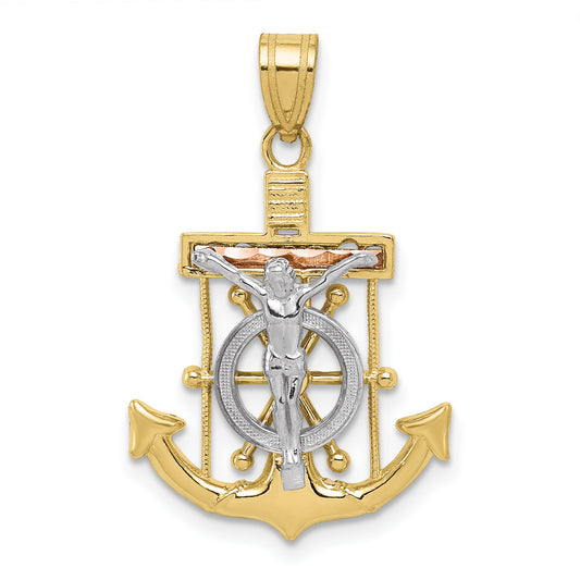 10K Tri Color Tri-Color Diamond-Cut W/Textured Mariner'S Cross Pendant
