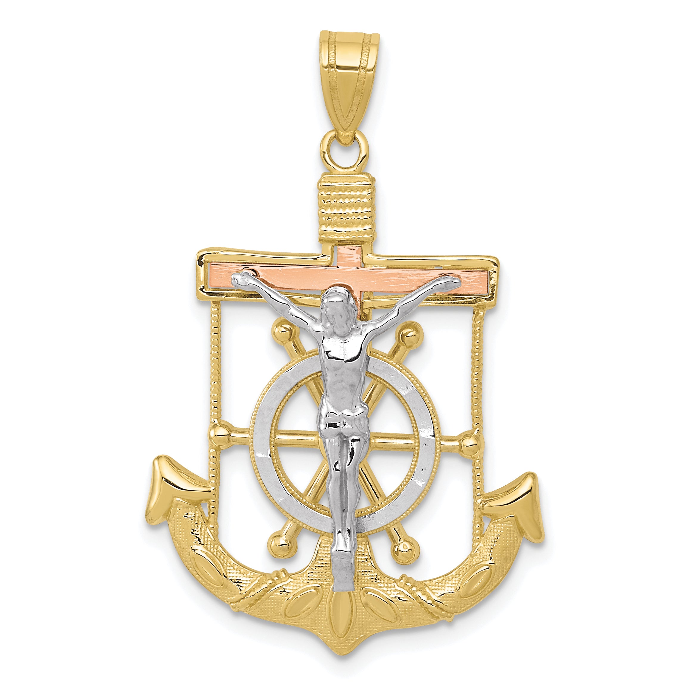 10K Tri Color Tri-Color Diamond-Cut W/Textured Mariner'S Cross Pendant