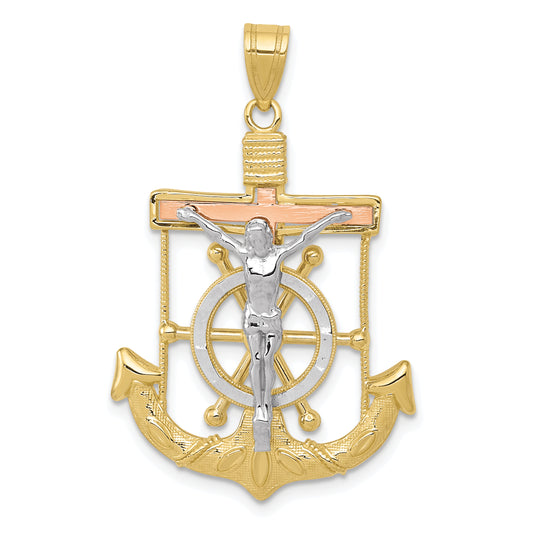 10K Tri Color Tri-Color Diamond-Cut W/Textured Mariner'S Cross Pendant