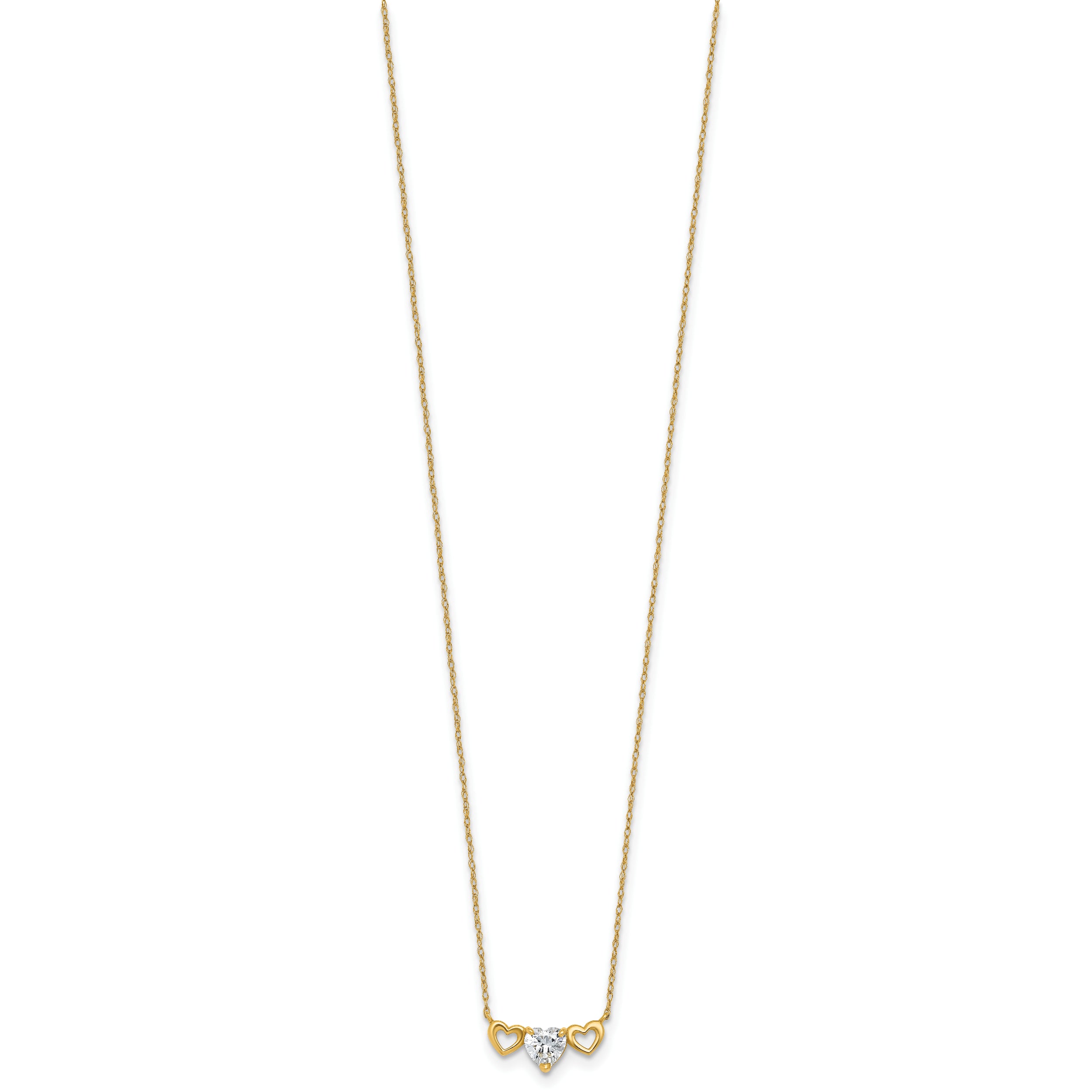 10K Yellow Gold Polished Heart Cz Center With Two Open Hearts 18.5 Inch Necklace