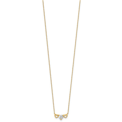 10K Yellow Gold Polished Heart Cz Center With Two Open Hearts 18.5 Inch Necklace