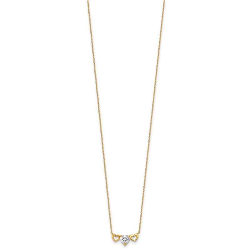 10K Yellow Gold Polished Heart Cz Center With Two Open Hearts 18.5 Inch Necklace