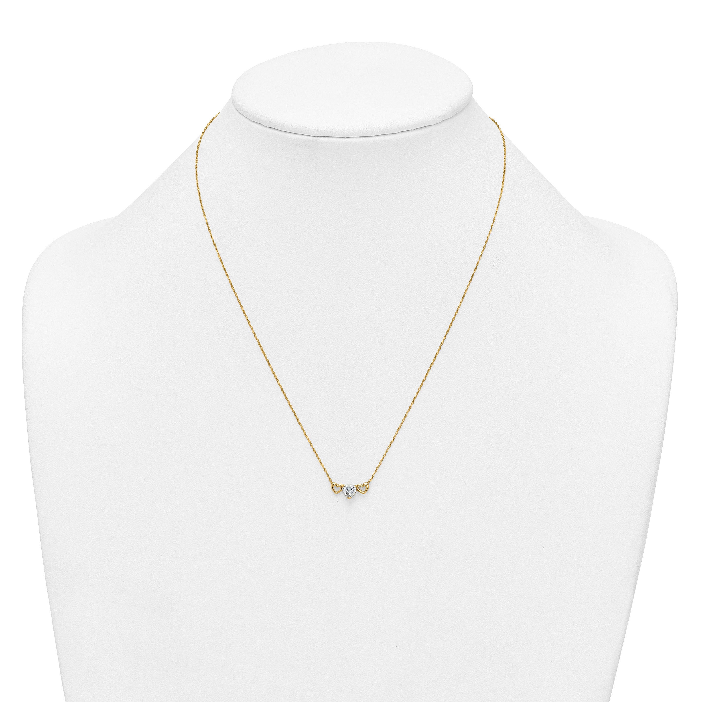 10K Yellow Gold Polished Heart Cz Center With Two Open Hearts 18.5 Inch Necklace