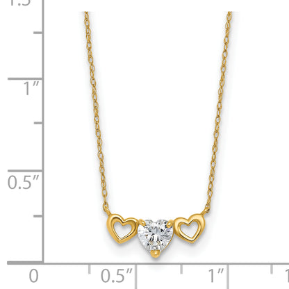10K Yellow Gold Polished Heart Cz Center With Two Open Hearts 18.5 Inch Necklace