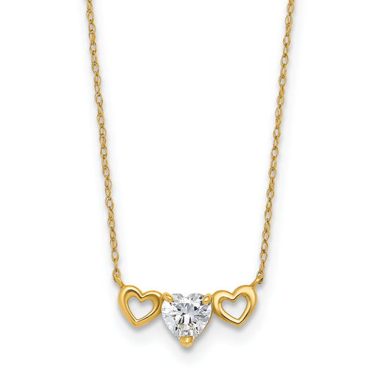 10K Yellow Gold Polished Heart Cz Center With Two Open Hearts 18.5 Inch Necklace