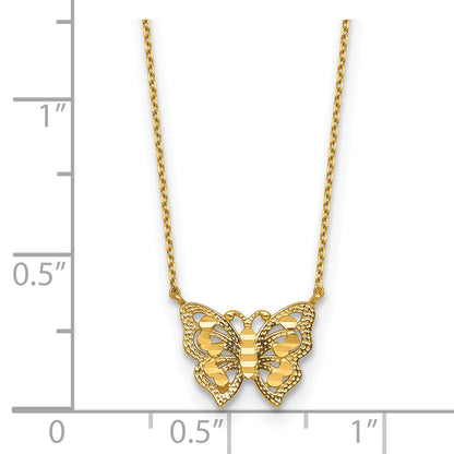 10K Yellow Gold Polished And Diamond-Cut Pierced Butterfly 15.75 Inch With 2 Extension Necklace