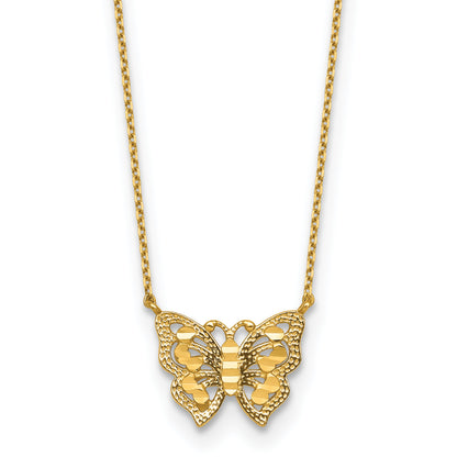 10K Yellow Gold Polished And Diamond-Cut Pierced Butterfly 15.75 Inch With 2 Extension Necklace
