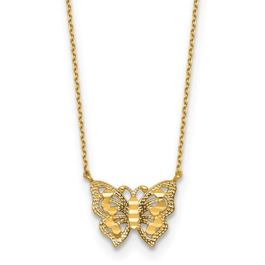 10K Yellow Gold Polished And Diamond-Cut Pierced Butterfly 15.75 Inch With 2 Extension Necklace