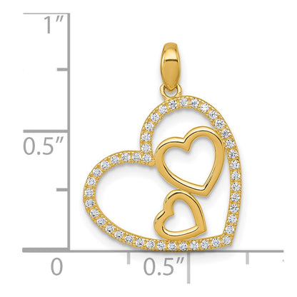 10K Yellow Gold Polished Cz Heart With Two Hearts Inside Pendant