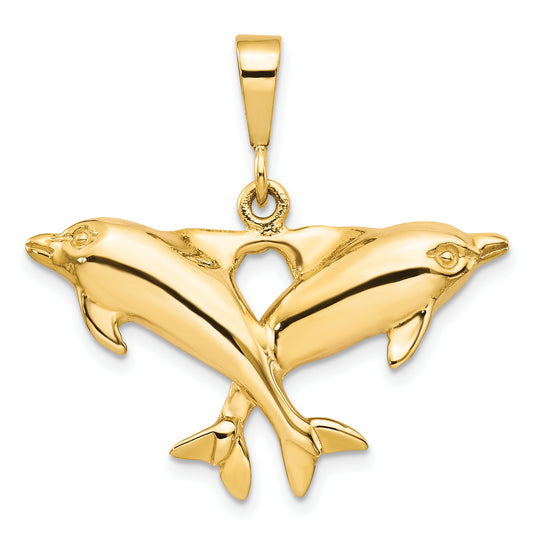 10K Yellow Gold Solid Polished Twin Dolphins Charm
