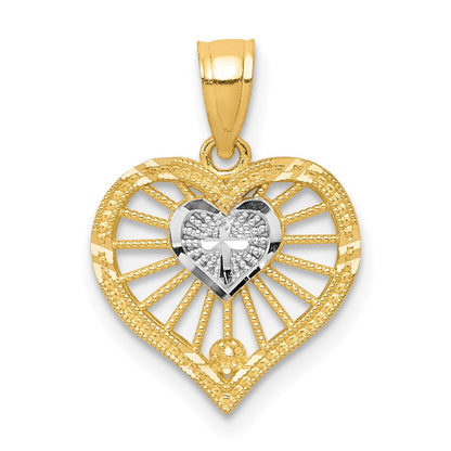 10K Yellow W/Rhodium Heart W/Cross Charm