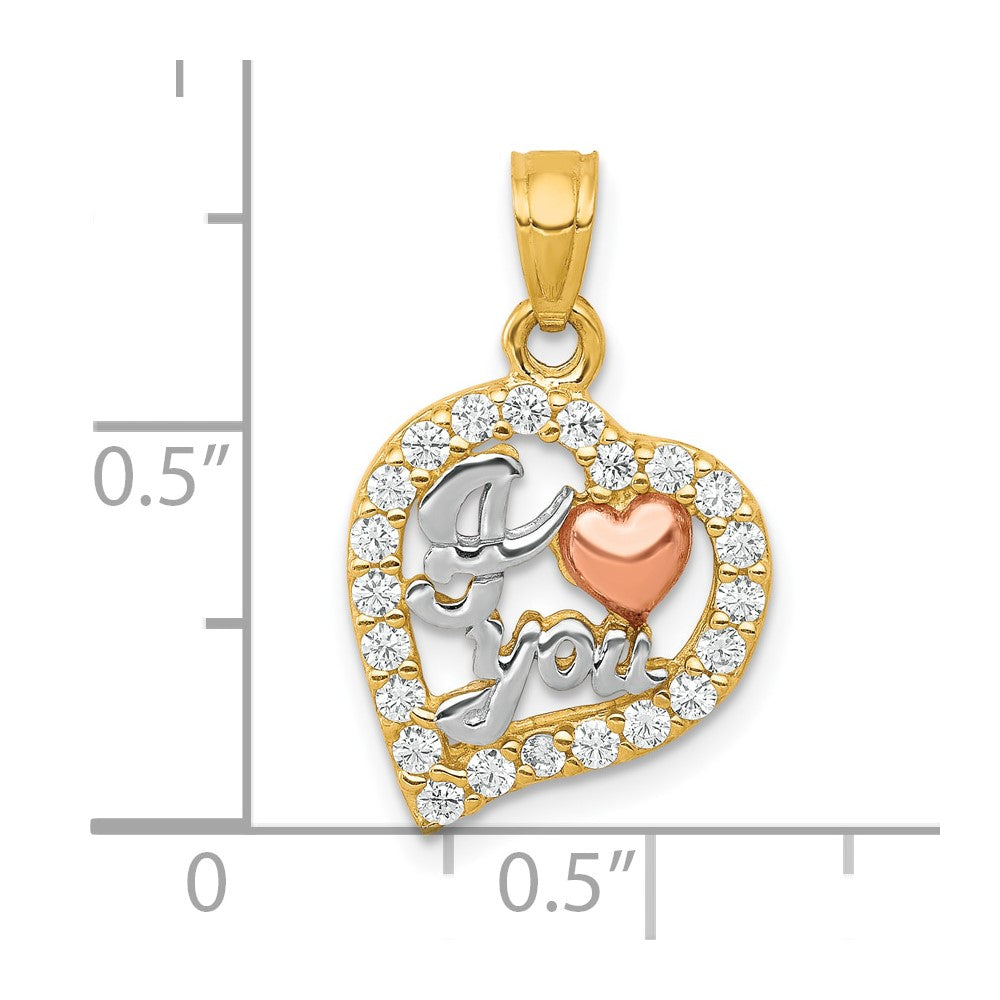 10K Two-Tone W/White Rhodium I Love You Cz Heart Pendant