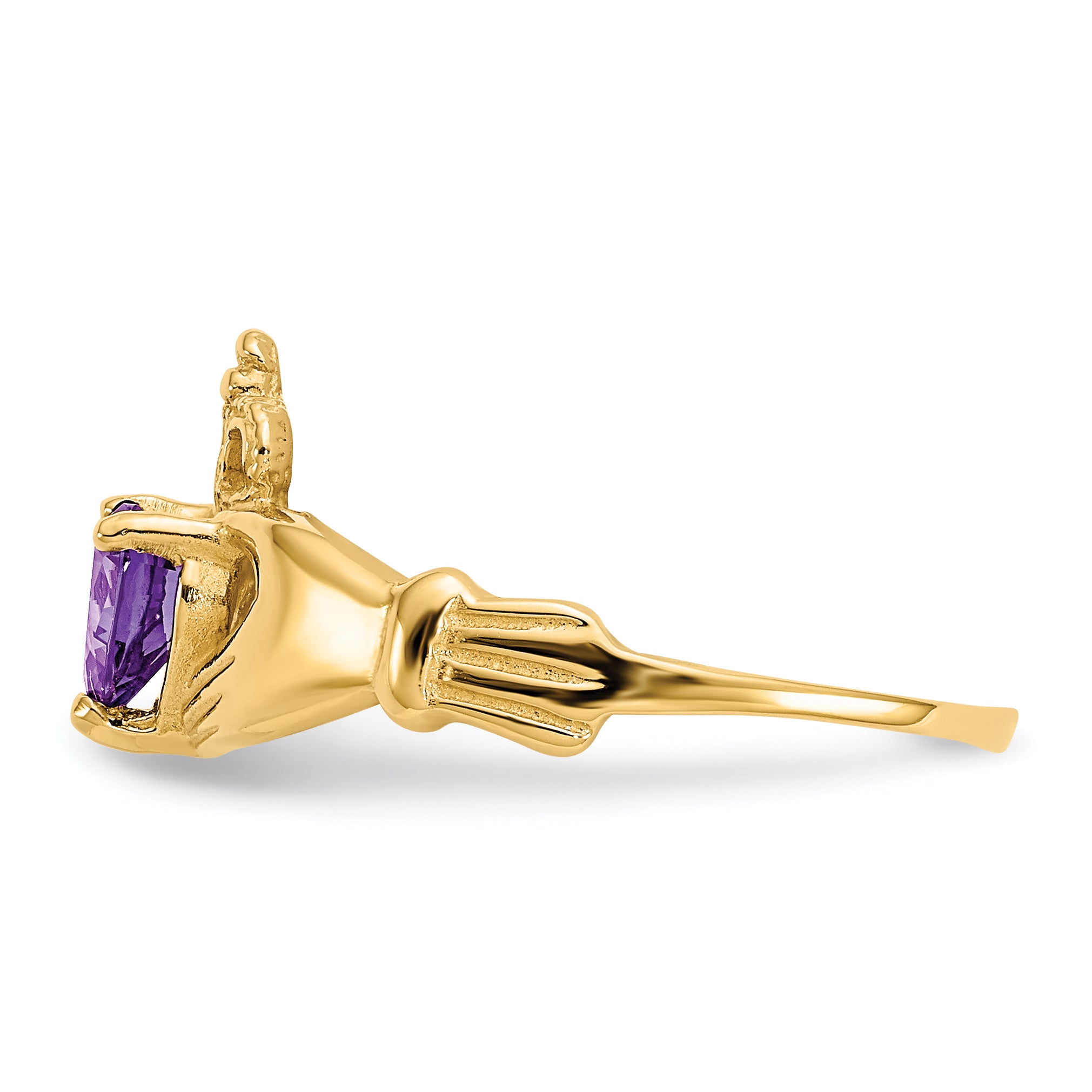 10K Yellow Gold Cz February Birthstone Claddagh Heart Ring