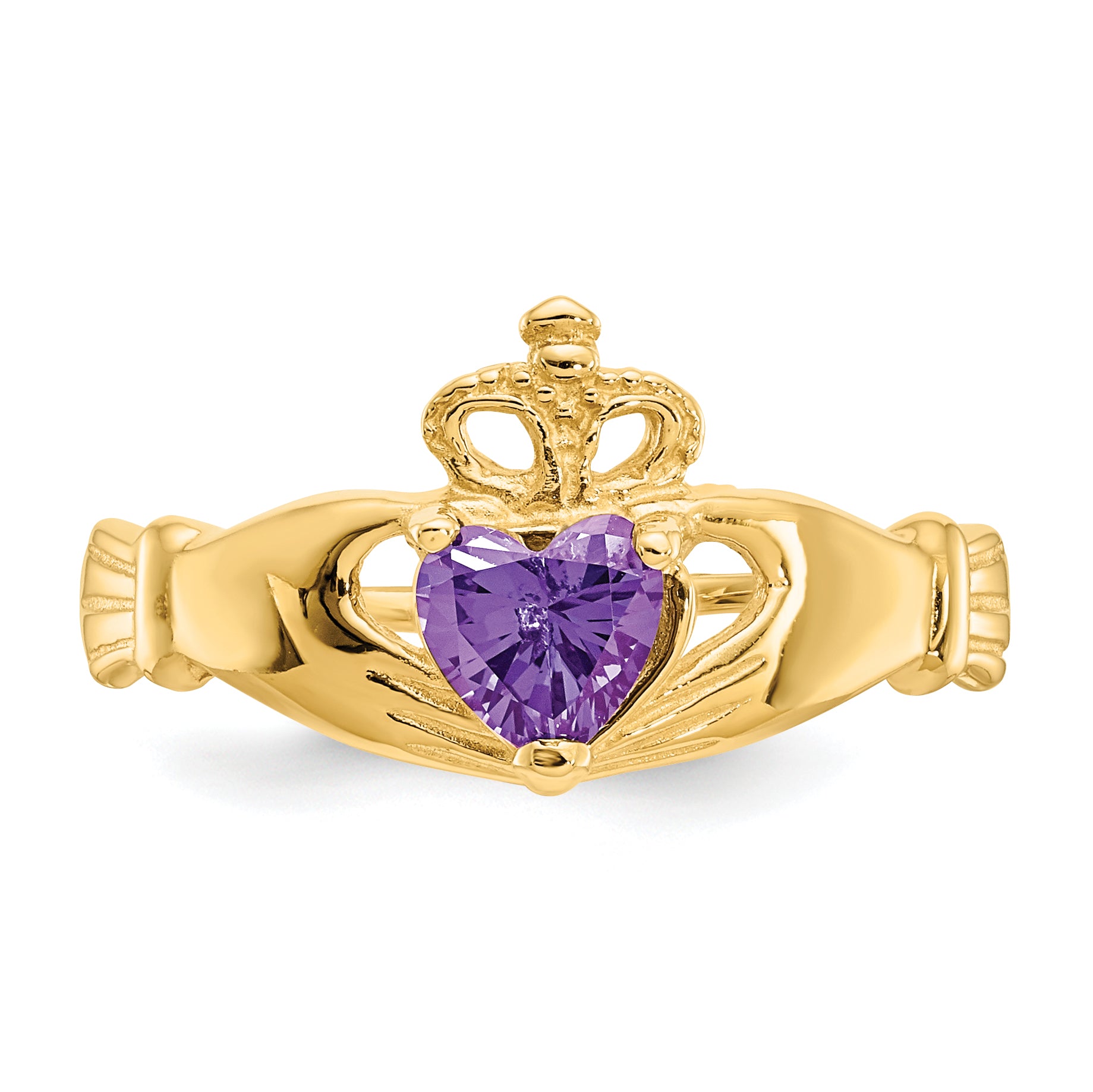 10K Yellow Gold Cz February Birthstone Claddagh Heart Ring