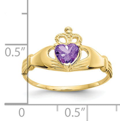 10K Yellow Gold Cz February Birthstone Claddagh Heart Ring