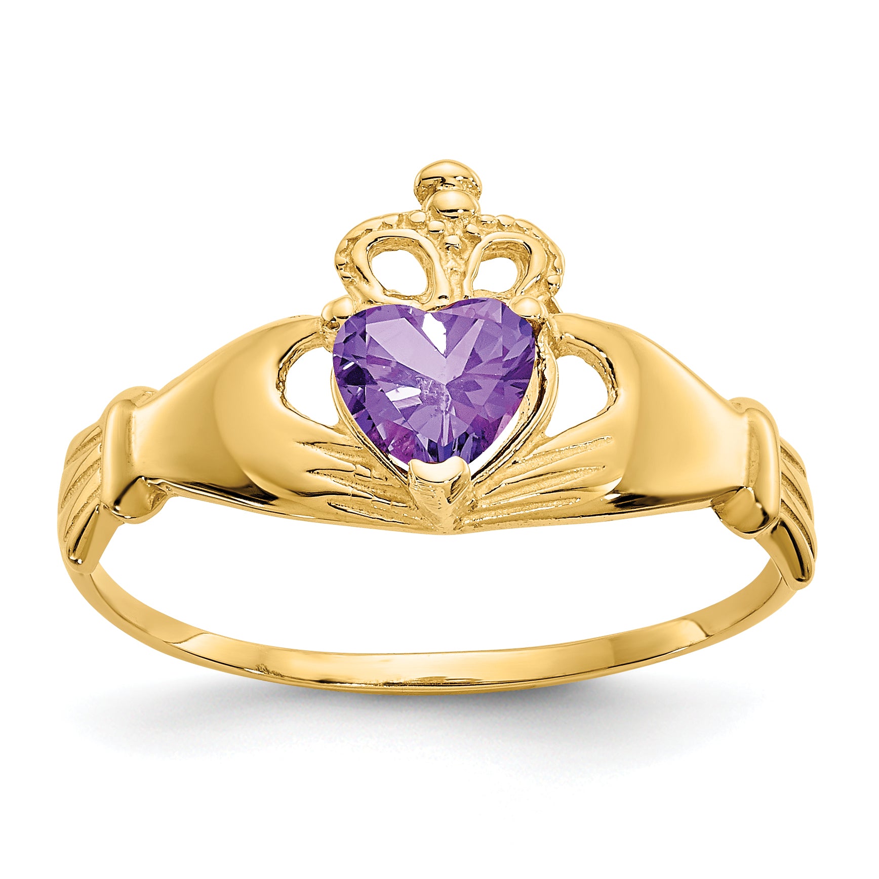 10K Yellow Gold Cz February Birthstone Claddagh Heart Ring