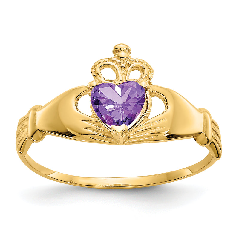 10K Yellow Gold Cz February Birthstone Claddagh Heart Ring