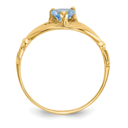 10K Yellow Gold Cz March Birthstone Claddagh Heart Ring