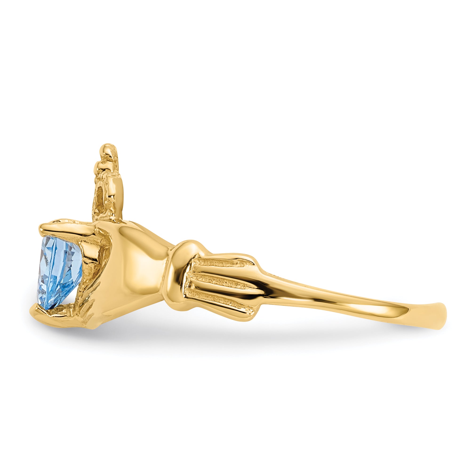 10K Yellow Gold Cz March Birthstone Claddagh Heart Ring