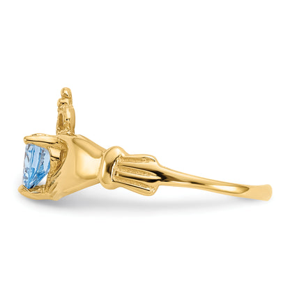 10K Yellow Gold Cz March Birthstone Claddagh Heart Ring