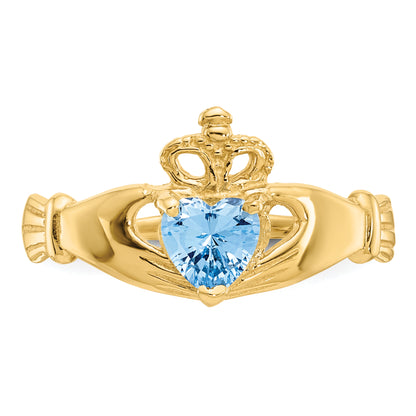 10K Yellow Gold Cz March Birthstone Claddagh Heart Ring