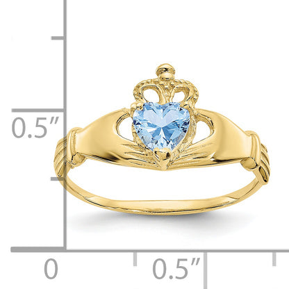 10K Yellow Gold Cz March Birthstone Claddagh Heart Ring