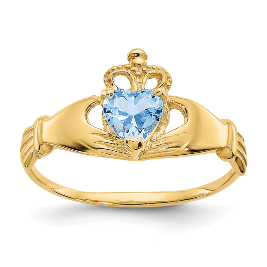 10K Yellow Gold Cz March Birthstone Claddagh Heart Ring