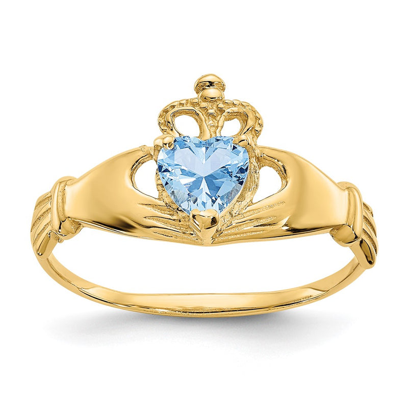 10K Yellow Gold Cz March Birthstone Claddagh Heart Ring