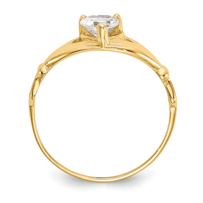 10K Yellow Gold Cz April Birthstone Claddagh Heart Ring
