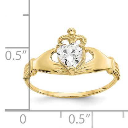 10K Yellow Gold Cz April Birthstone Claddagh Heart Ring