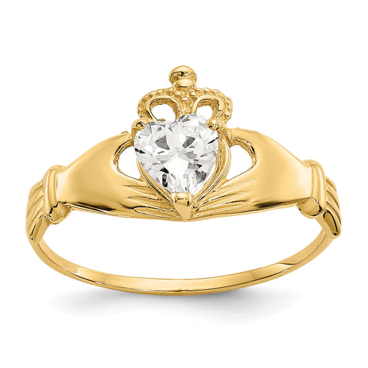 10K Yellow Gold Cz April Birthstone Claddagh Heart Ring