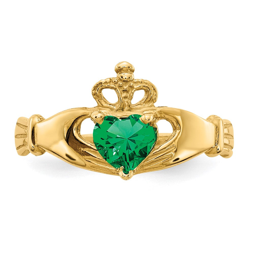 10K Yellow Gold Cz May Birthstone Claddagh Heart Ring