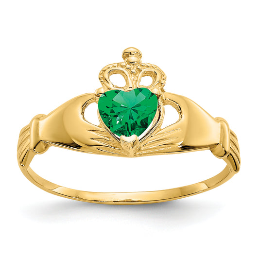 10K Yellow Gold Cz May Birthstone Claddagh Heart Ring