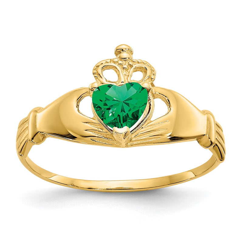10K Yellow Gold Cz May Birthstone Claddagh Heart Ring