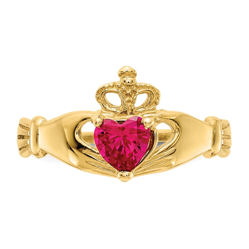 10K Yellow Gold Cz July Birthstone Claddagh Heart Ring