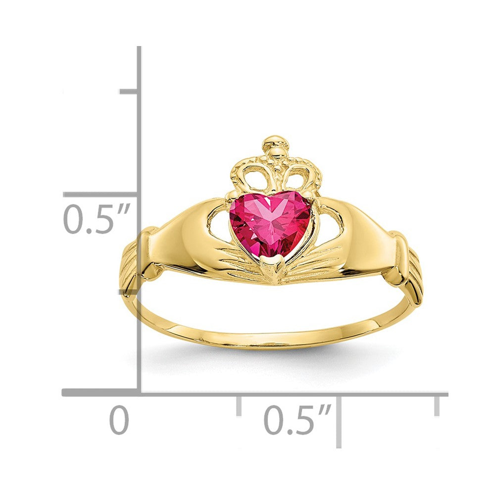 10K Yellow Gold Cz July Birthstone Claddagh Heart Ring