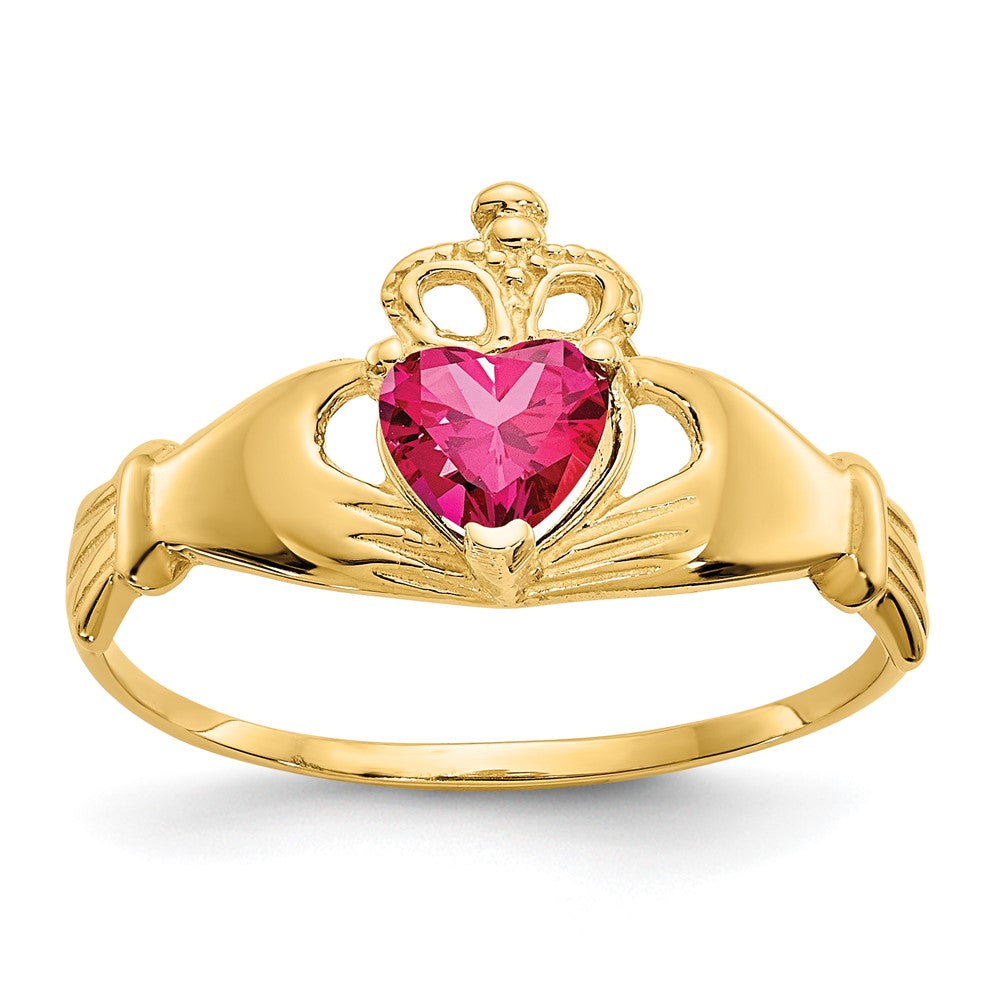10K Yellow Gold Cz July Birthstone Claddagh Heart Ring