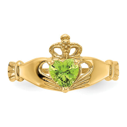 10K Yellow Gold Cz August Birthstone Claddagh Heart Ring