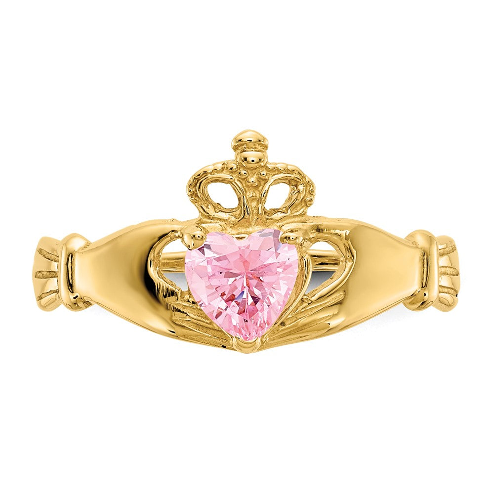 10K Yellow Gold Cz October Birthstone Claddagh Heart Ring