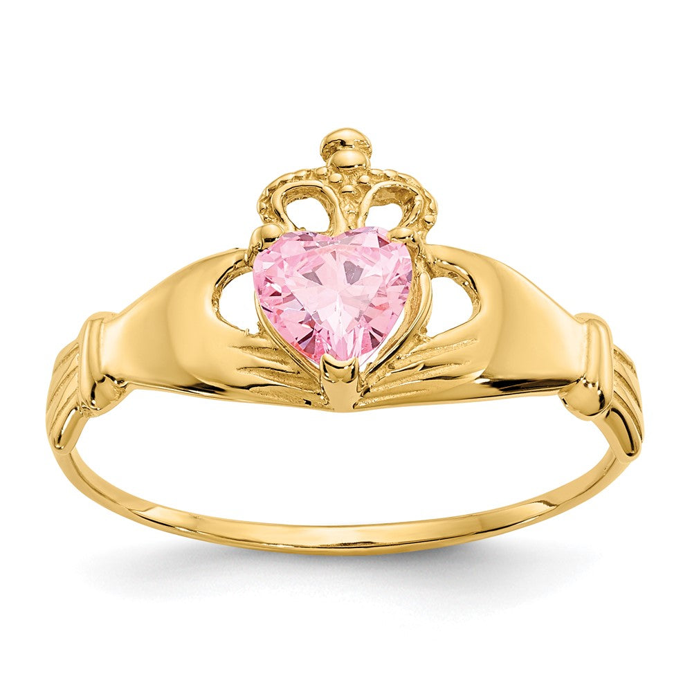 10K Yellow Gold Cz October Birthstone Claddagh Heart Ring