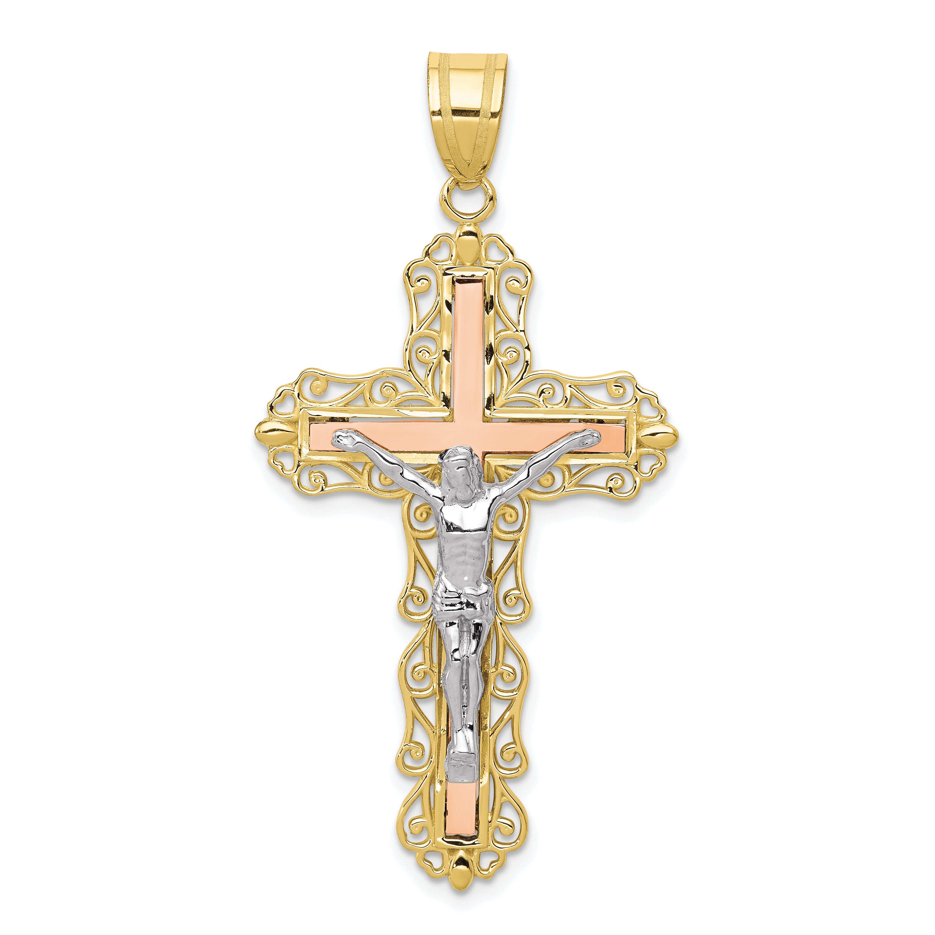 10K Tri Color 10K Tri-Color Diamond-Cut Crucifix Pendant