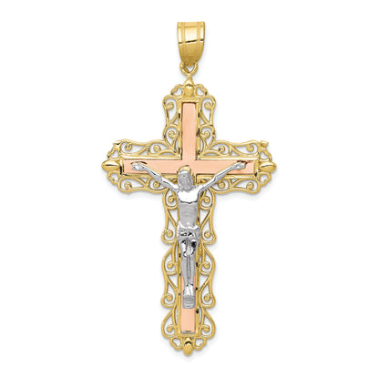 10K Tri Color 10K Tri-Color Diamond-Cut Crucifix Pendant