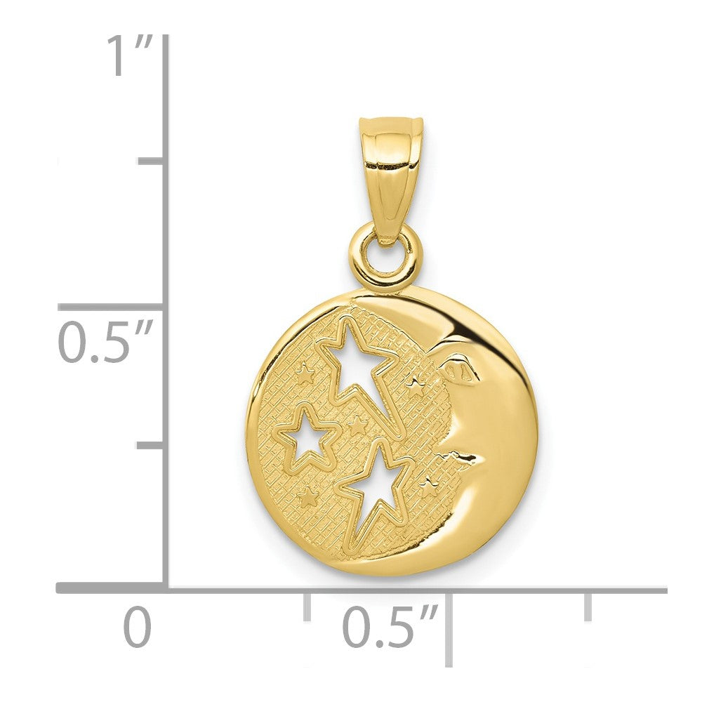 10K Yellow Gold Polished Flat-Backed Moon With Three Stars Pendant