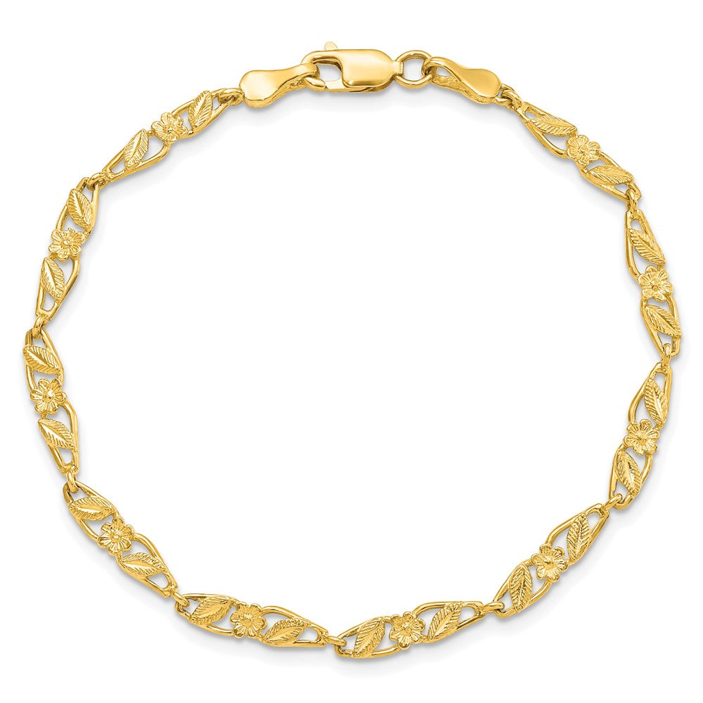 10K Yellow Gold Solid Polished Open Back Flower & Leaf Bracelet