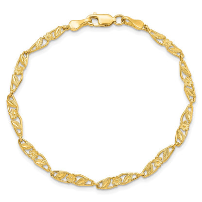 10K Yellow Gold Solid Polished Open Back Flower & Leaf Bracelet