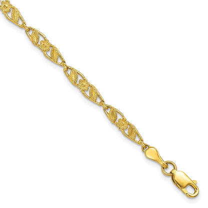 10K Yellow Gold Solid Polished Open Back Flower & Leaf Bracelet