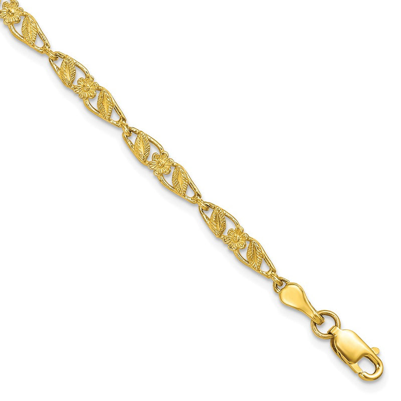 10K Yellow Gold Solid Polished Open Back Flower & Leaf Bracelet