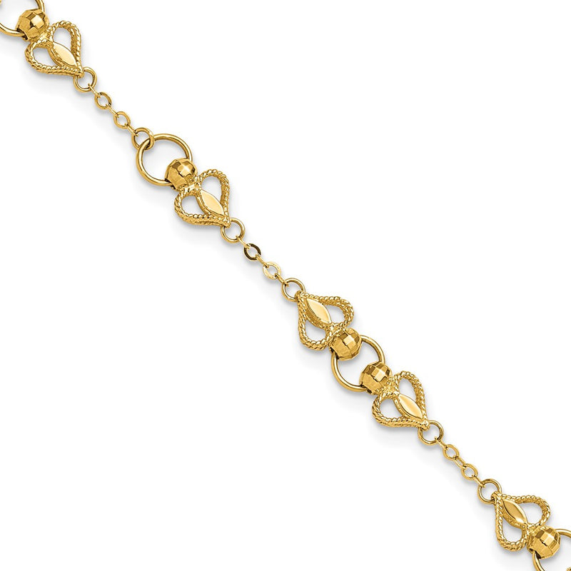 10K Yellow Gold Polished Heart 7.5In Bracelet